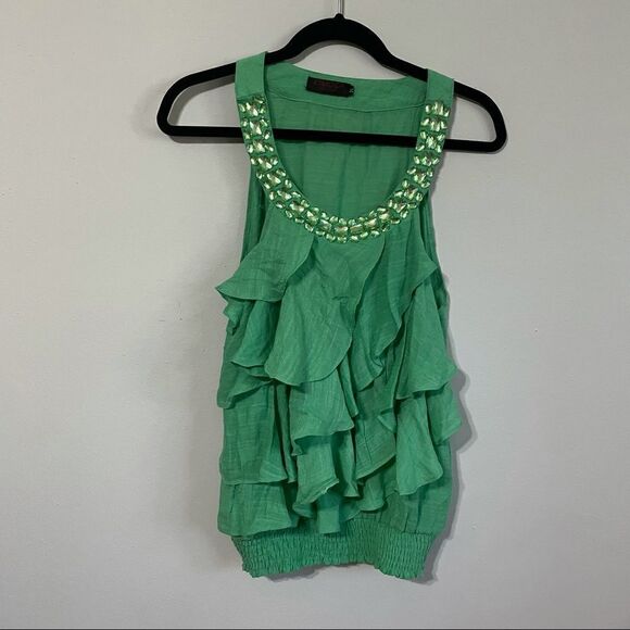 2/$30 Vintage Esmoda Frilly Ruffle Green Beweled tank - Picture 2 of 5